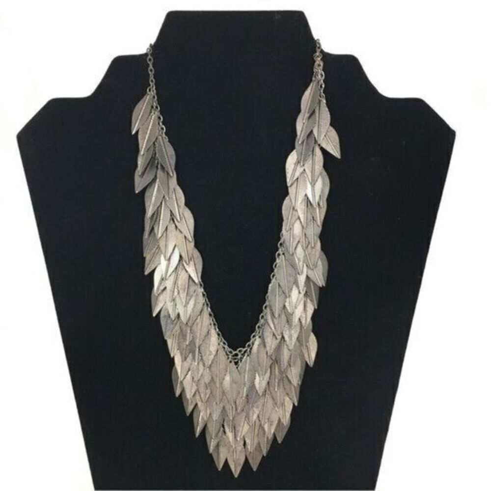 Vintage Metal Art Leaf Layered Waterfall Bib Statement Necklace